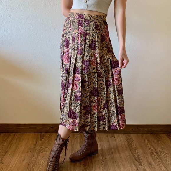 Vintage High Waisted Rose Floral Pleated Midi Skirt, Sz Small - Picture 1 of 9